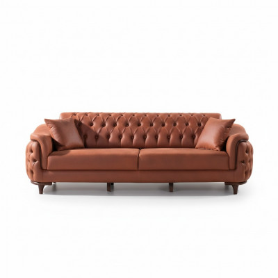 Orange Chesterfield Couch Three-Seater Sofa Furniture Velvet Wood Seat Cushion