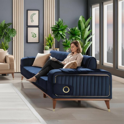 Luxury Blue Couch Three-Seater Design Sofas Furniture Fabric Textile Velvet