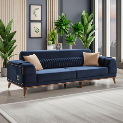 Luxury Blue Couch Three-Seater Design Sofas Furniture Fabric Textile Velvet