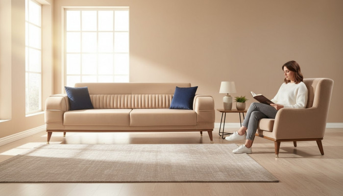 Modern sofa, 3-seater, color beige, living room design style, wood