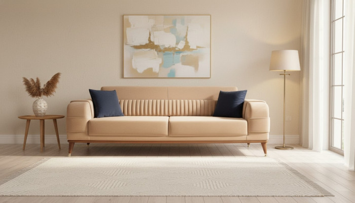Modern sofa, 3-seater, color beige, living room design style, wood