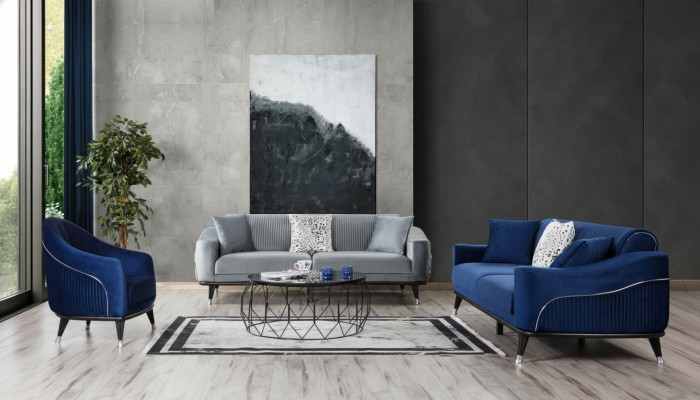 Sofa set 3+3+1 seat sofas upholstery couches wood grey blue velvet