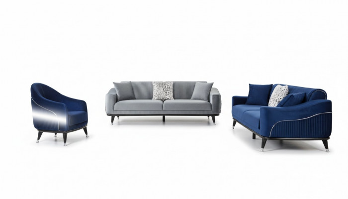 Sofa set 3+3+1 seat sofas upholstery couches wood grey blue velvet