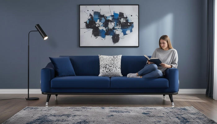 Blue design couch three-seater luxury sofa velvet furniture fabric textile