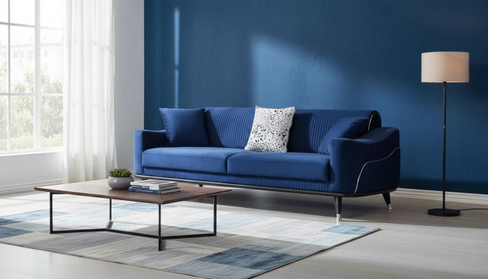 Blue design couch three-seater luxury sofa velvet furniture fabric textile