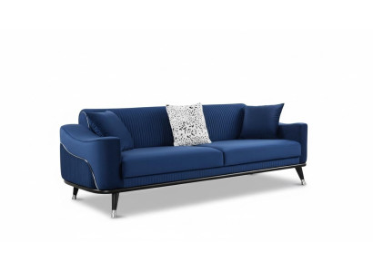 Blue design couch three-seater luxury sofa velvet furniture fabric textile