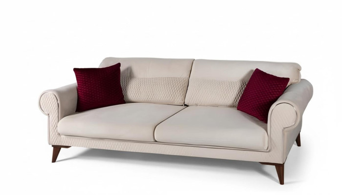 Three-seater sofa 3-seater fabric beige couch sofa large cushions wood designer new