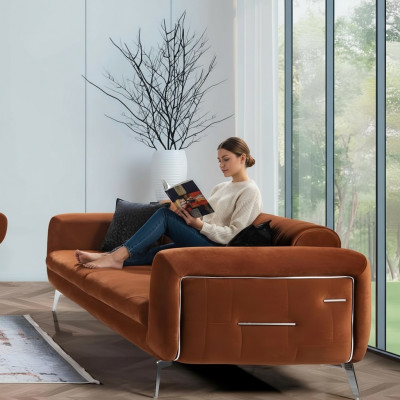 Orange design couch sofa velvet three-seater luxury furniture fabric textile