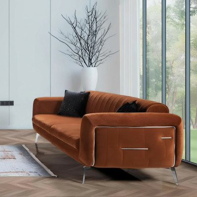 Orange design couch sofa velvet three-seater luxury furniture fabric textile