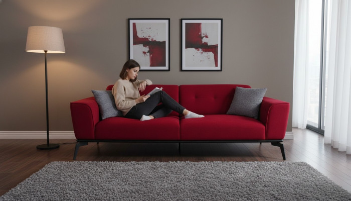 Modern sofa 3-seater textile burgundy couch upholstery three-seater red