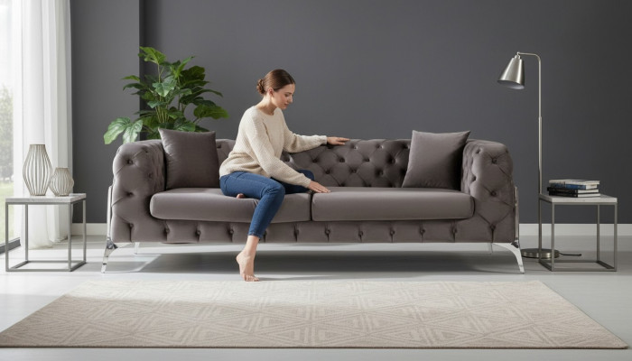 Chesterfield gray sofa 3-seater living room sofas fabric upholstery