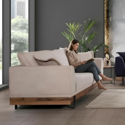 Living room sofa, 3-seater, beige textile sofas, couch, upholstered furniture.