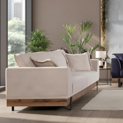 Living room sofa, 3-seater, beige textile sofas, couch, upholstered furniture.