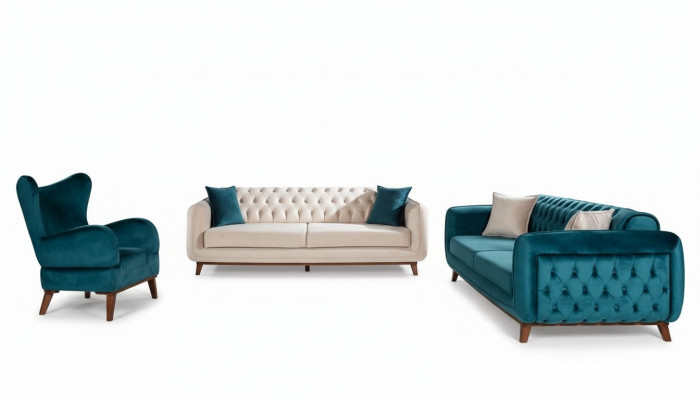 Sofa Set 3+3+1 Upholstered Couch Fabric Living Room Chesterfield 3-piece