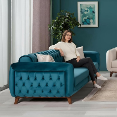 Design couch 3-seater sofa three-seater upholstery fabric turquoise seat cushion