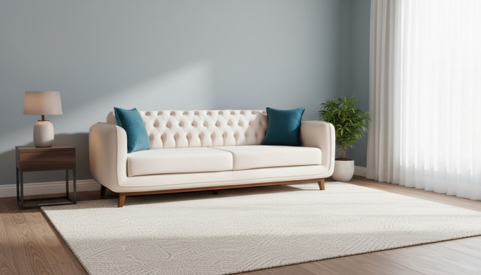 Three-seater sofa upholstered couch fabric furniture beige white velvet