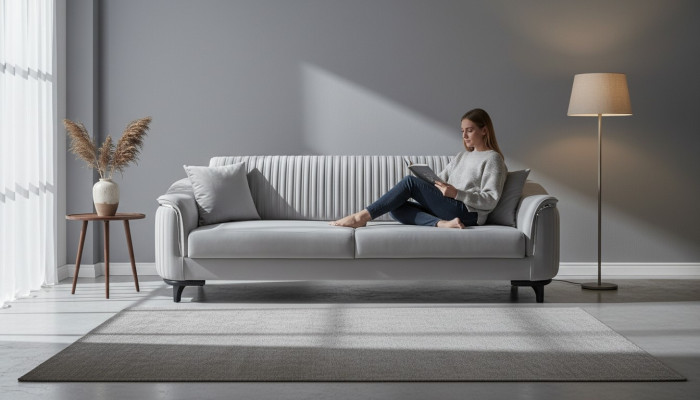 Gray couch living room three-seater cushion sofa furniture velvet wood