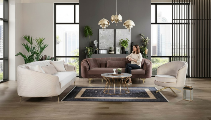 Luxury Living Room Couch Sofa Set Brown Beige Set 3+3+1 Seating Group