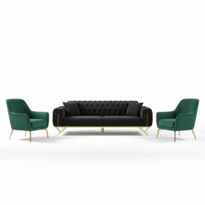 Black Chesterfield Couch Three-Seater Seat Cushion Sofa Velvet Wood