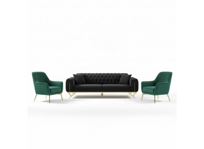 Black Chesterfield Couch Three-Seater Seat Cushion Sofa Velvet Wood