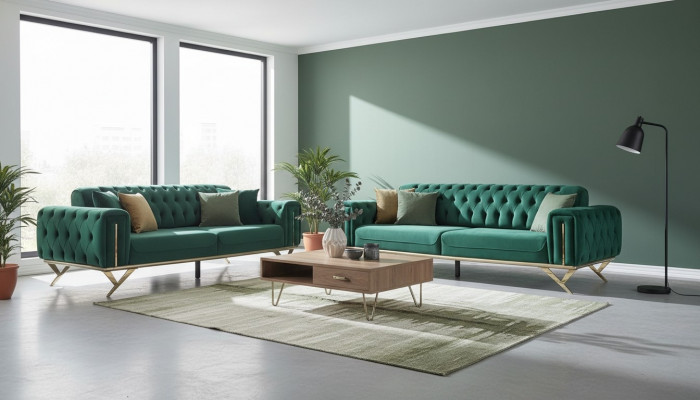Green Chesterfield Couch Three-Seater Cushion Sofa Furniture Velvet Wood