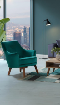 Living room armchair, 1-seater, fabric polyester, modern style design, green color.
