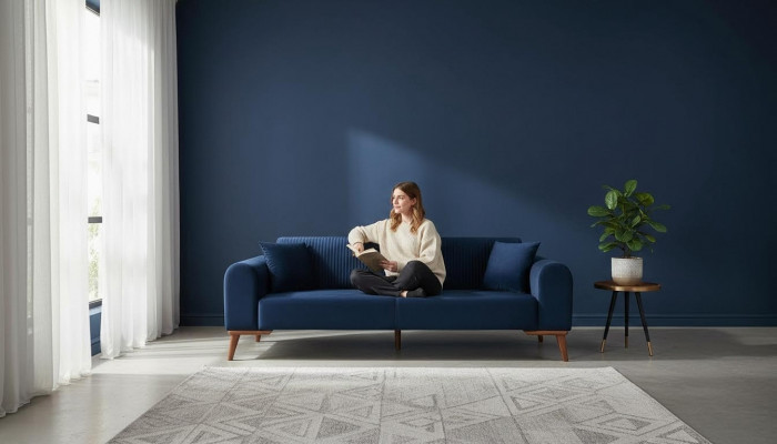 Elegant blue three-seater couch sofa living room seating furniture velvet