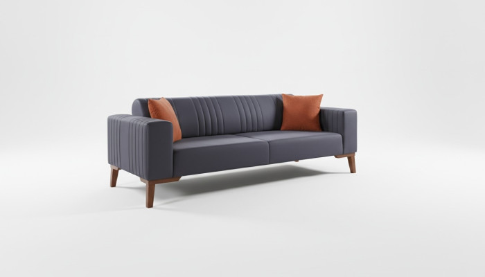 Gray three-seater couch elegant sofa seating furniture living room velvet.