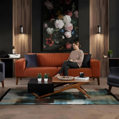 Orange three-seater couch elegant sofa seating furniture living room velvet