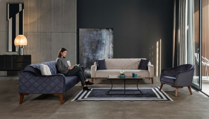 Living room sofa set couch 3+3+1 blue upholstery set armchair textile