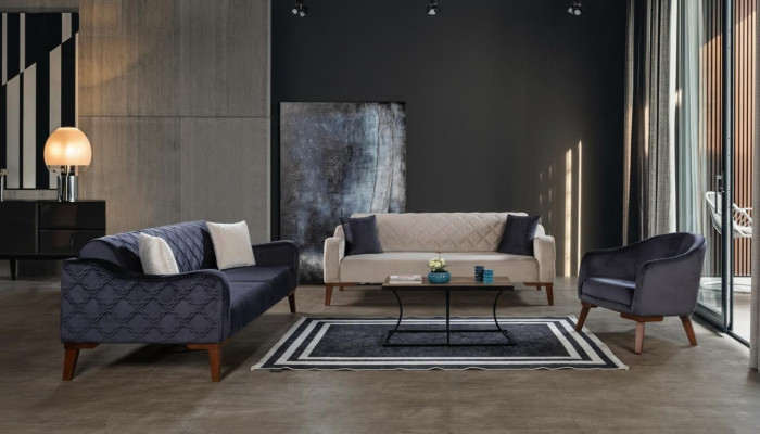 Living room sofa set couch 3+3+1 blue upholstery set armchair textile