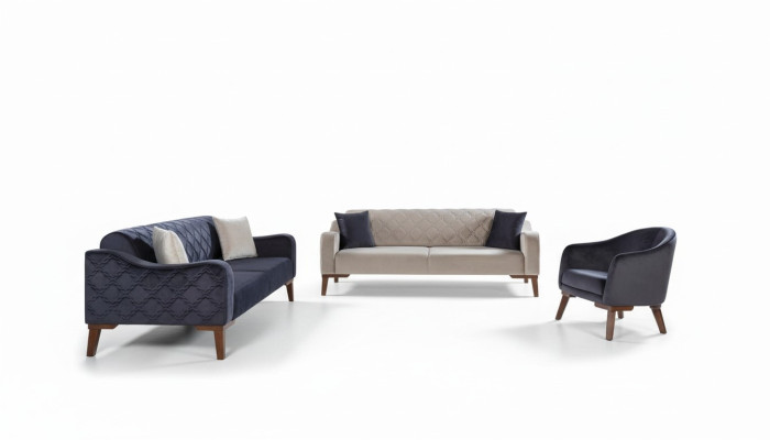 Living room sofa set couch 3+3+1 blue upholstery set armchair textile