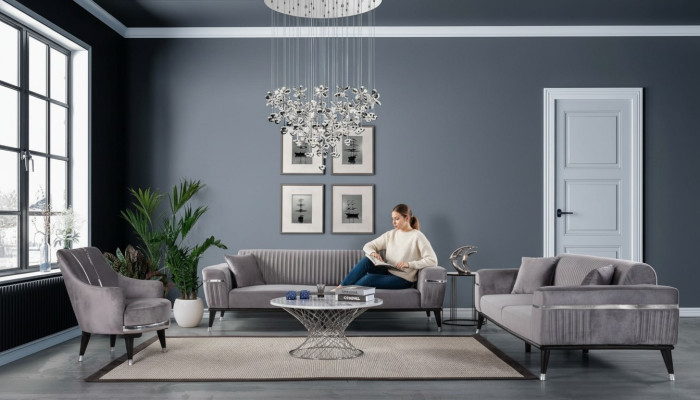 Sofa set 3+3+1 seater sofa, sofas, armchair, fabric, wood, gray couches.