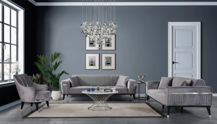 Sofa set 3+3+1 seater sofa, sofas, armchair, fabric, wood, gray couches.