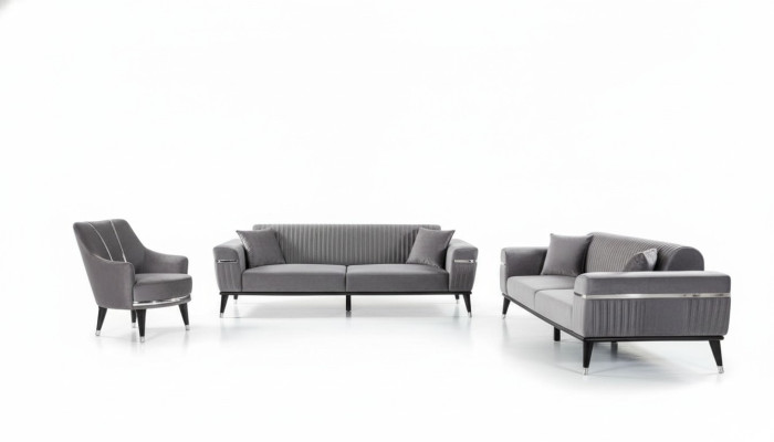 Sofa set 3+3+1 seater sofa, sofas, armchair, fabric, wood, gray couches.