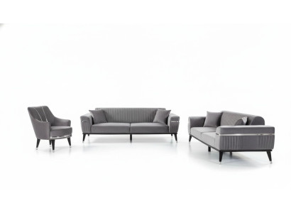 Sofa set 3+3+1 seater sofa, sofas, armchair, fabric, wood, gray couches.