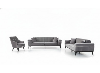 Sofa set 3+3+1 seater sofa, sofas, armchair, fabric, wood, gray couches.