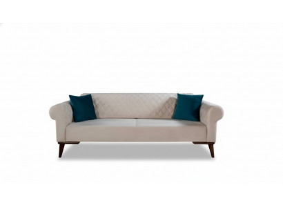 Beige three-seater couch elegant sofa seating living room velvet