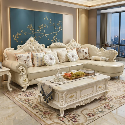 Living area corner sofa L-shaped couch furniture leather wood sofa Chesterfield