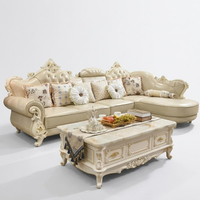 Living area corner sofa L-shaped couch furniture leather wood sofa Chesterfield
