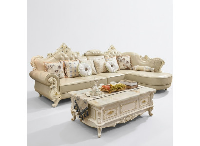 Living area corner sofa L-shaped couch furniture leather wood sofa Chesterfield