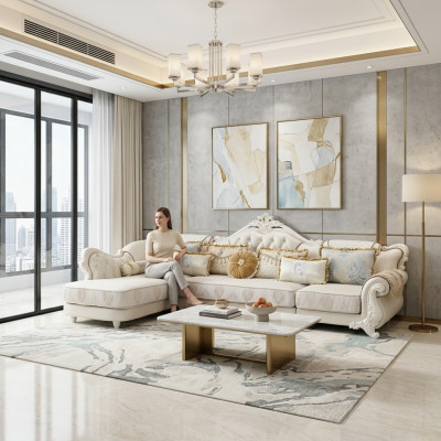 Classic large white corner sofa with handcrafted wooden elements