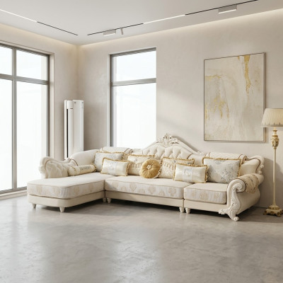 Classic large white corner sofa with handcrafted wooden elements