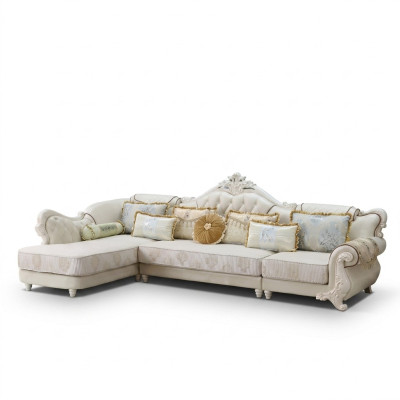 Classic large white corner sofa with handcrafted wooden elements