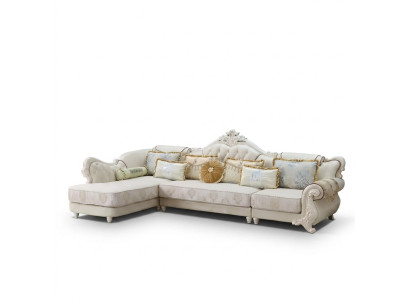 Classic large white corner sofa with handcrafted wooden elements