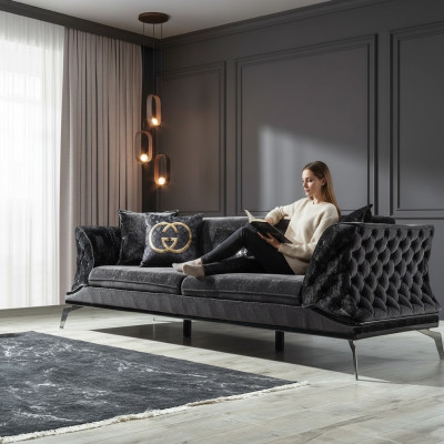 Sofa 3-seat cushion furniture three-seater couch black wood with metal