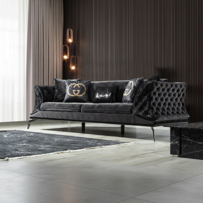 Sofa 3-seat cushion furniture three-seater couch black wood with metal