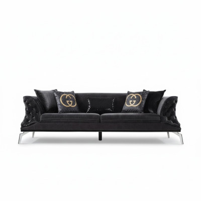 Sofa 3-seat cushion furniture three-seater couch black wood with metal
