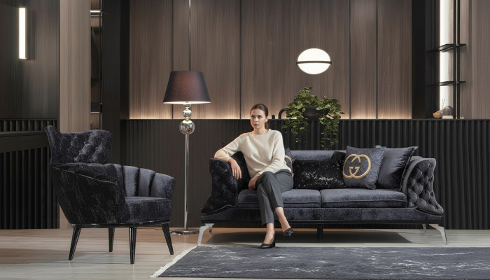 Black couch sofa set 3+1 seat Chesterfield living room upholstery