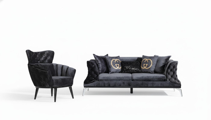 Black couch sofa set 3+1 seat Chesterfield living room upholstery